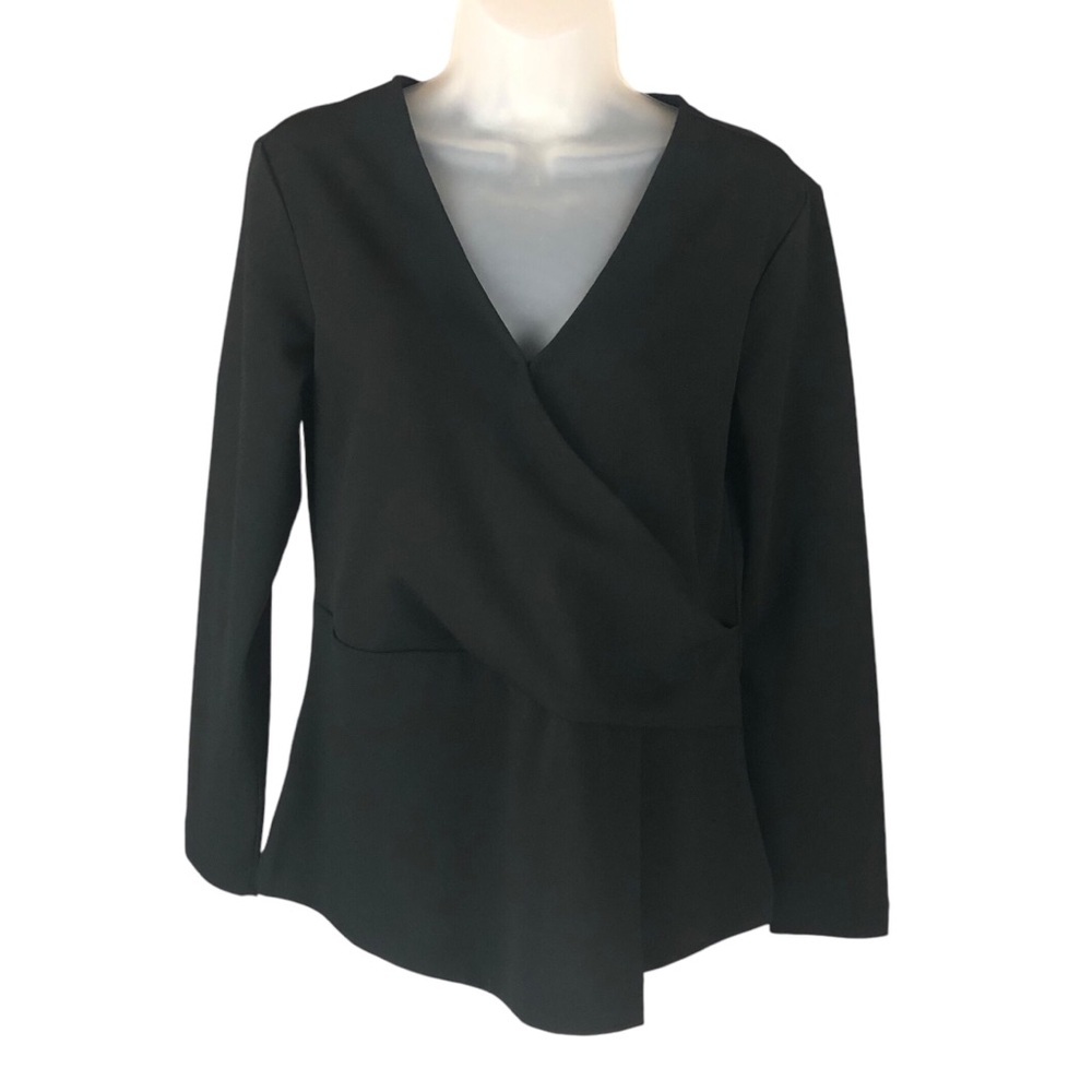 SHIRT - Women's H By Halston Black Stretch Faux Wrap V-Neck Blouse. Size Small.